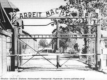 The gate at Auschwitz, photograph courtesy of the United States Holocaust Memorial Museum